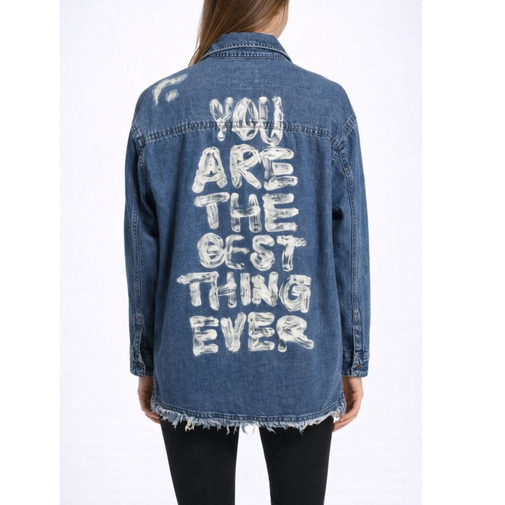 American Eagle Oversized Denim Jacket Women's Medium Blue Distressed Street - Picture 1 of 10